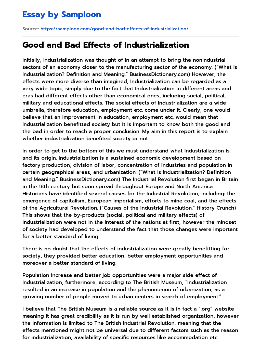 Good and Bad Effects of Industrialization essay