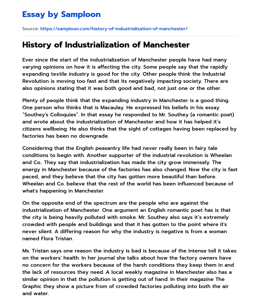 History of Industrialization of Manchester essay
