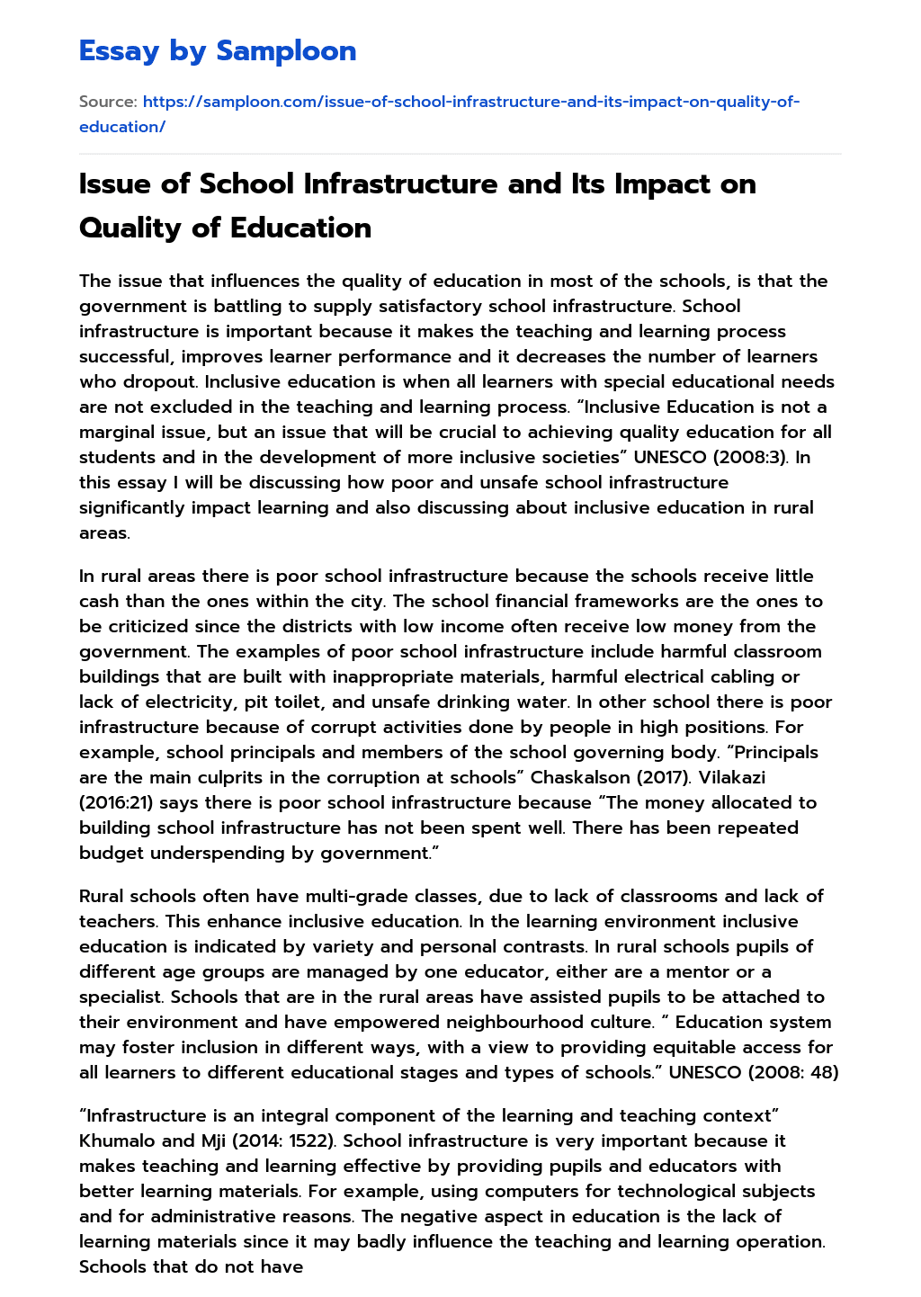 Issue of School Infrastructure and Its Impact on Quality of Education essay