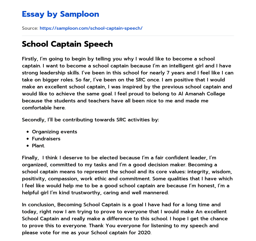 School Captain Speech essay