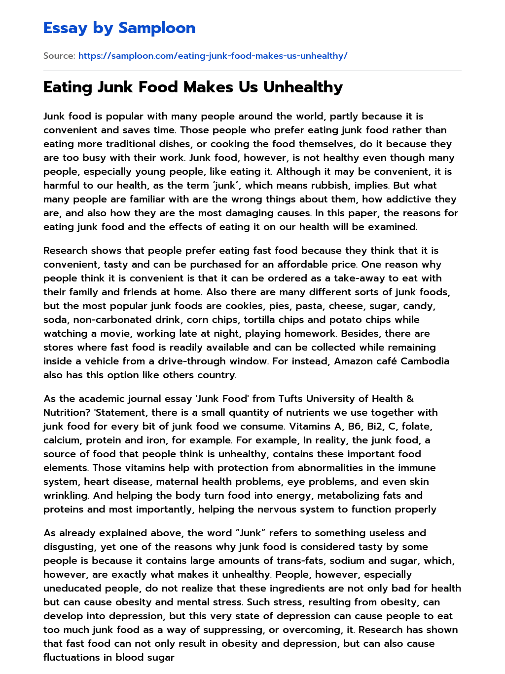 Eating Junk Food Makes Us Unhealthy Cause And Effect Essay On Samploon