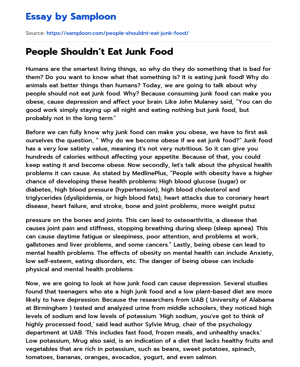 People Shouldn’t Eat Junk Food essay