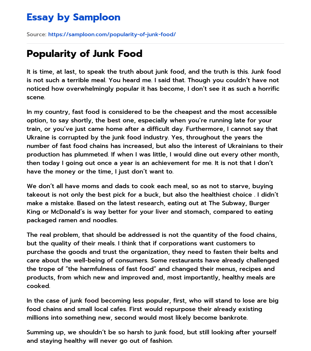 ≫ Popularity of Junk Food Free Essay Sample on Samploon.com