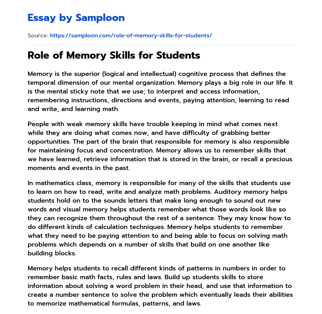 Role of Memory Skills for Students essay