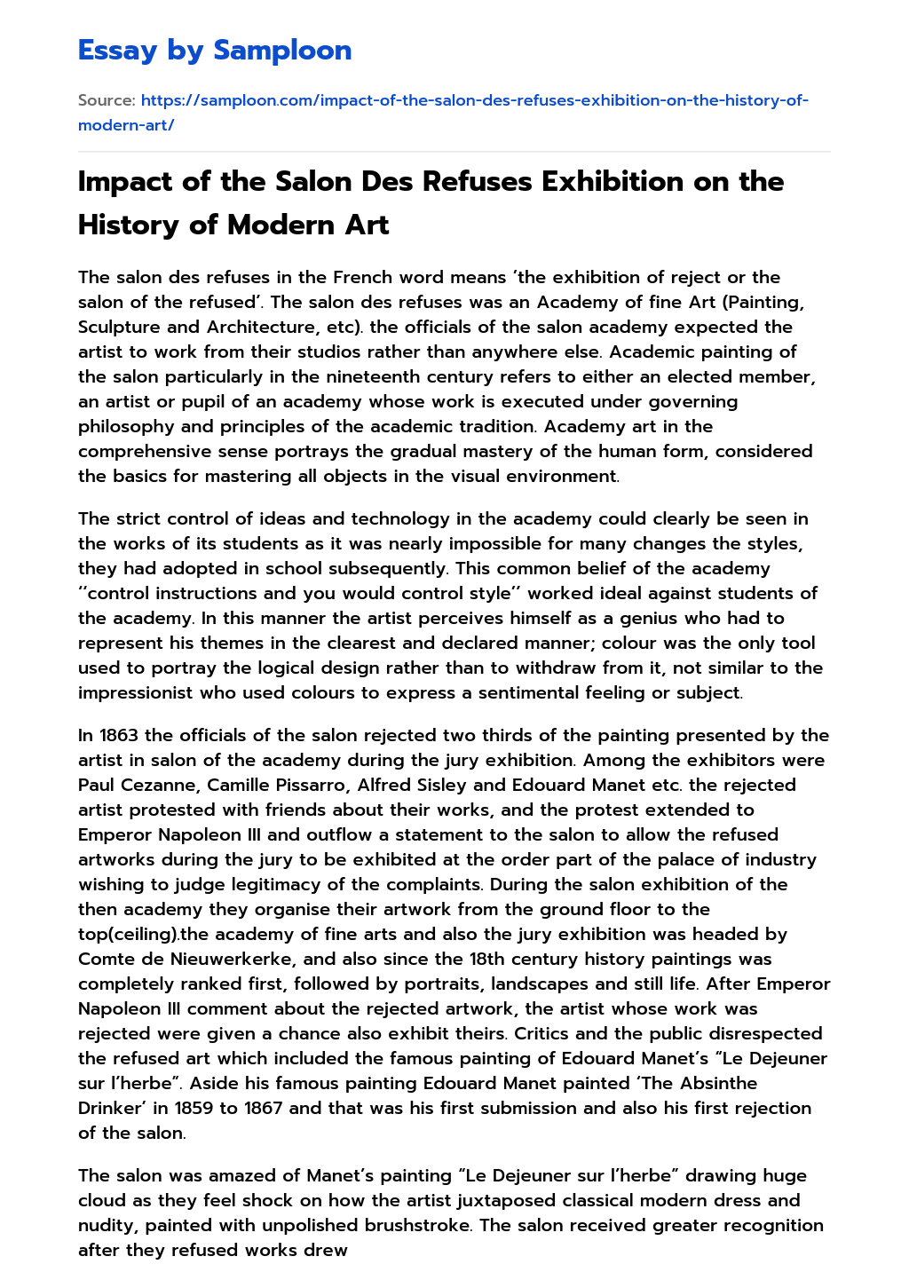 Impact of the Salon Des Refuses Exhibition on the History of Modern Art Argumentative Essay essay