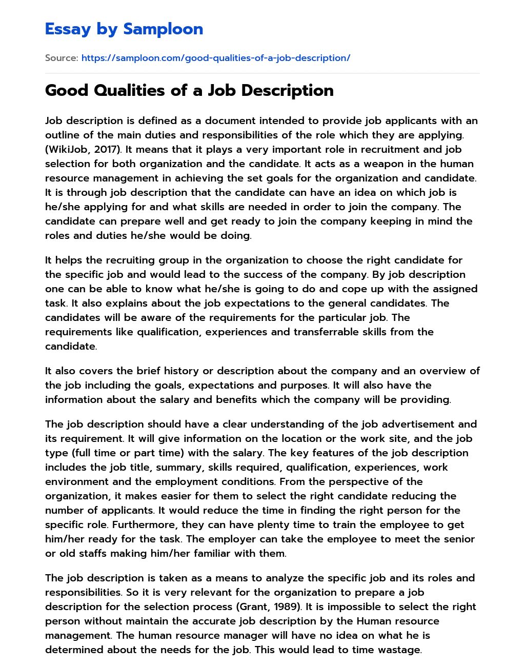 Good Qualities of a Job Description essay