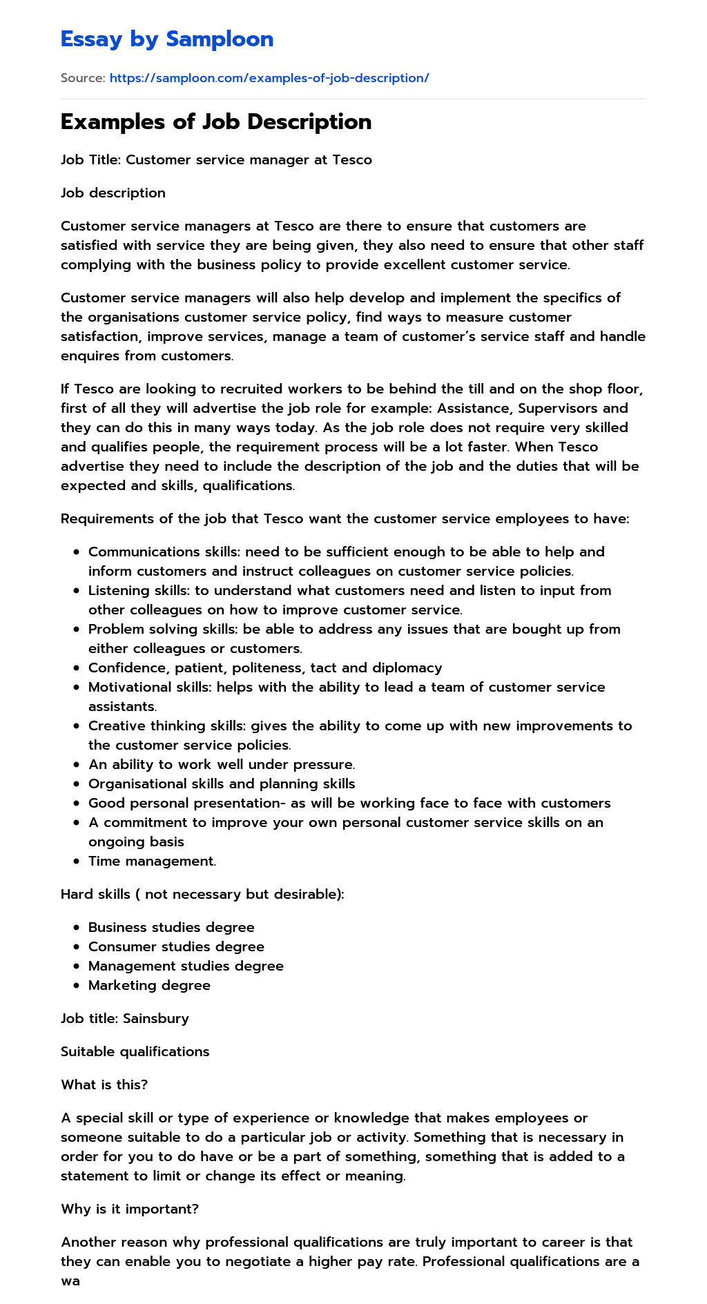 Examples of Job Description essay
