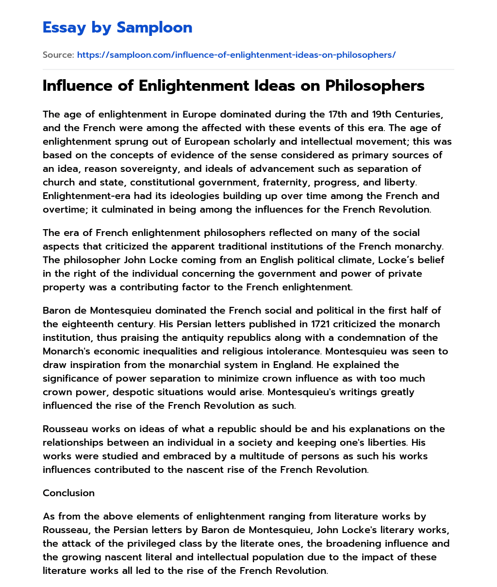 Influence of Enlightenment Ideas on Philosophers essay