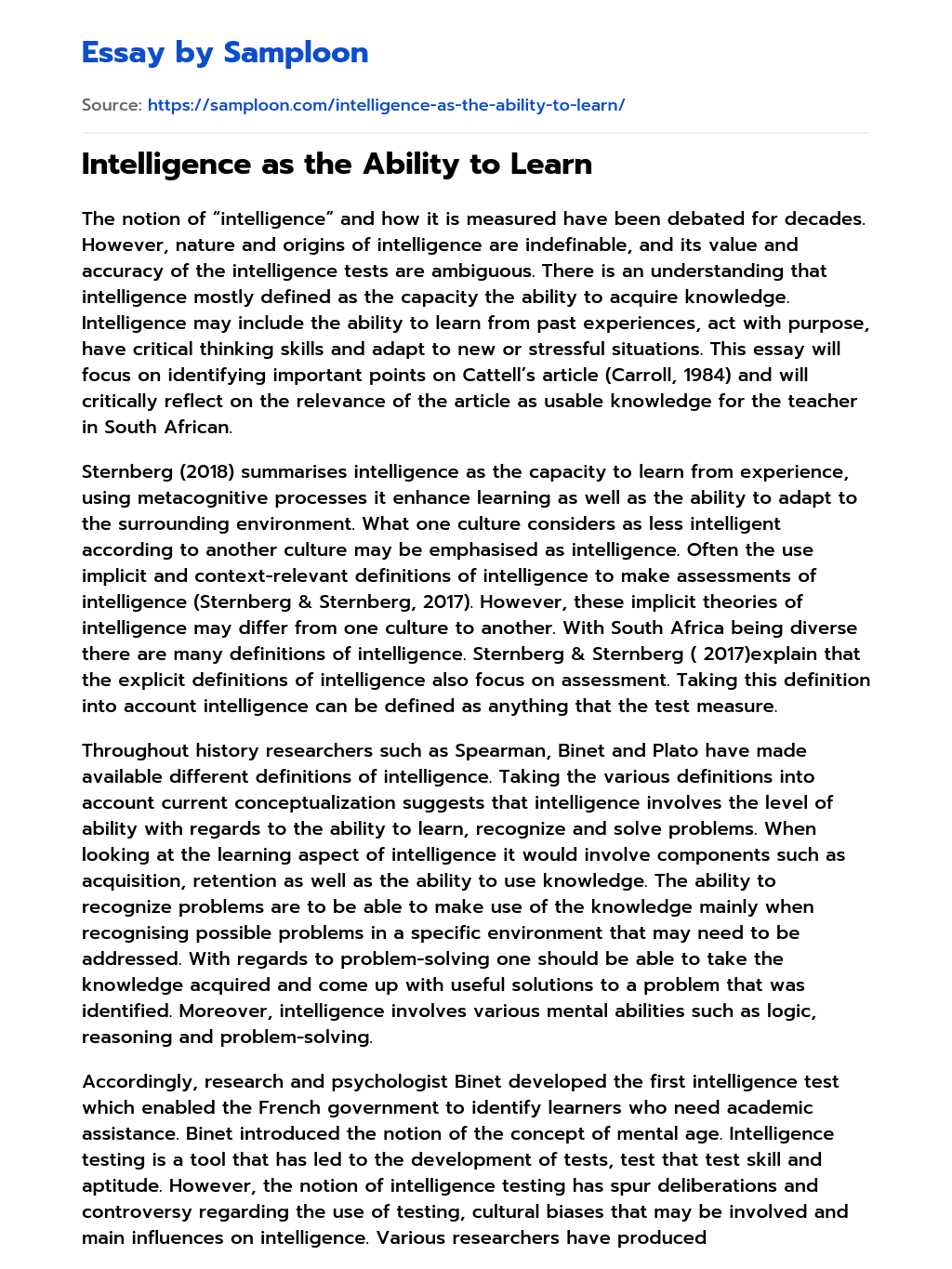 intelligence essay example