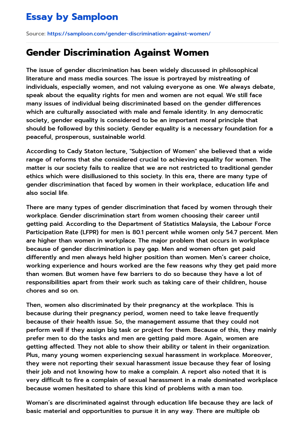  Gender Discrimination Against Women Free Essay Sample On Samploon