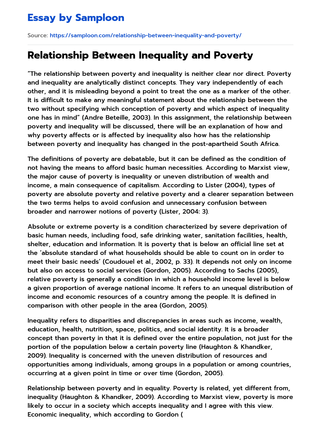 Relationship Between Inequality and Poverty essay