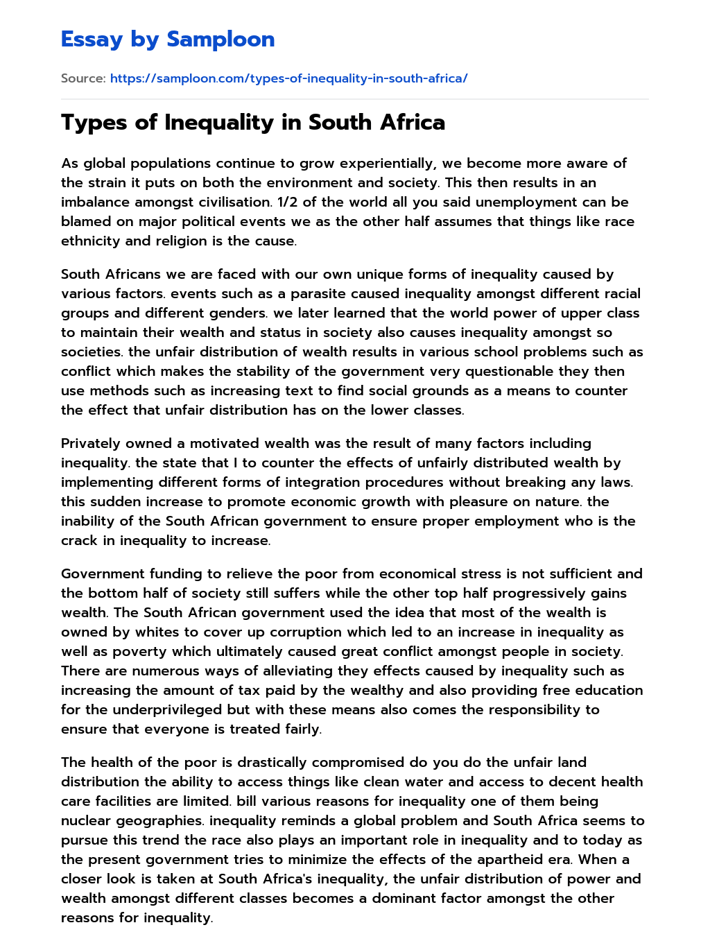  Types Of Inequality In South Africa Free Essay Sample On Samploon