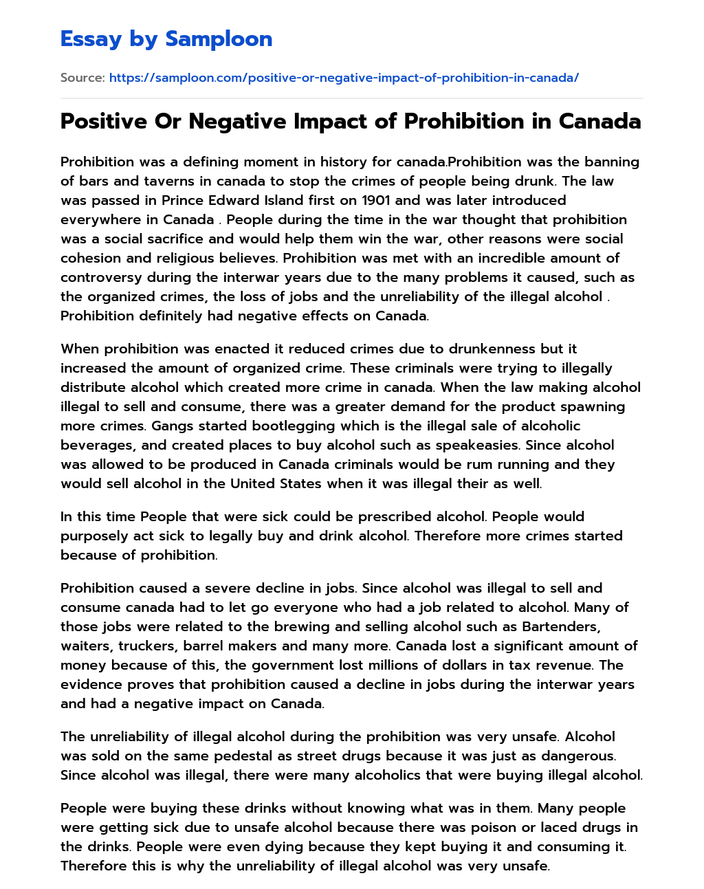 Positive Or Negative Impact of Prohibition in Canada essay