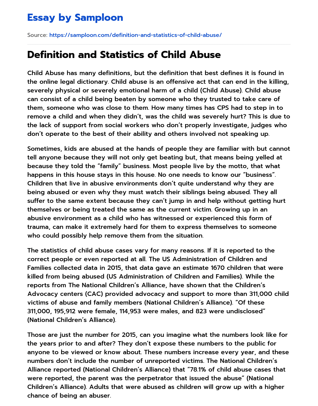 Definition and Statistics of Child Abuse essay