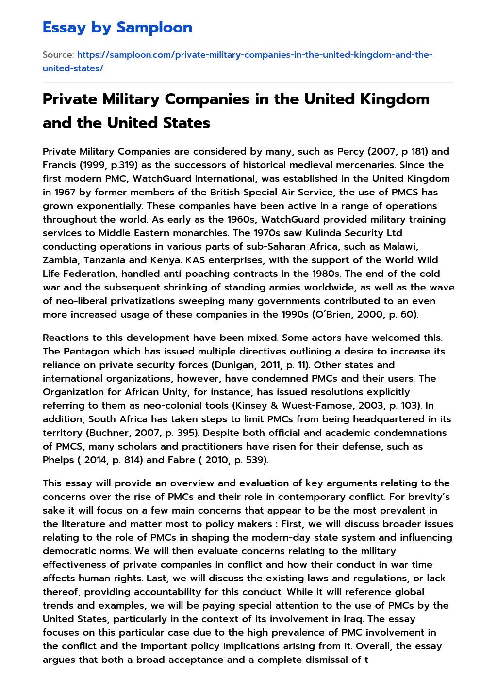 Private Military Companies in the United Kingdom and the United States essay