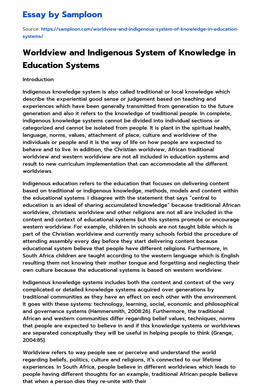 Worldview and Indigenous System of Knowledge in Education Systems essay