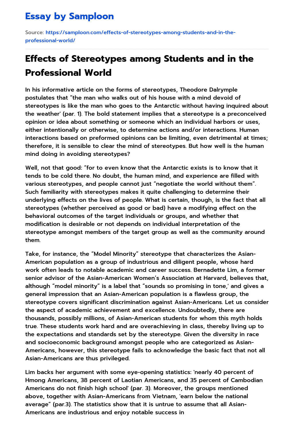 Effects of Stereotypes among Students and in the Professional World essay