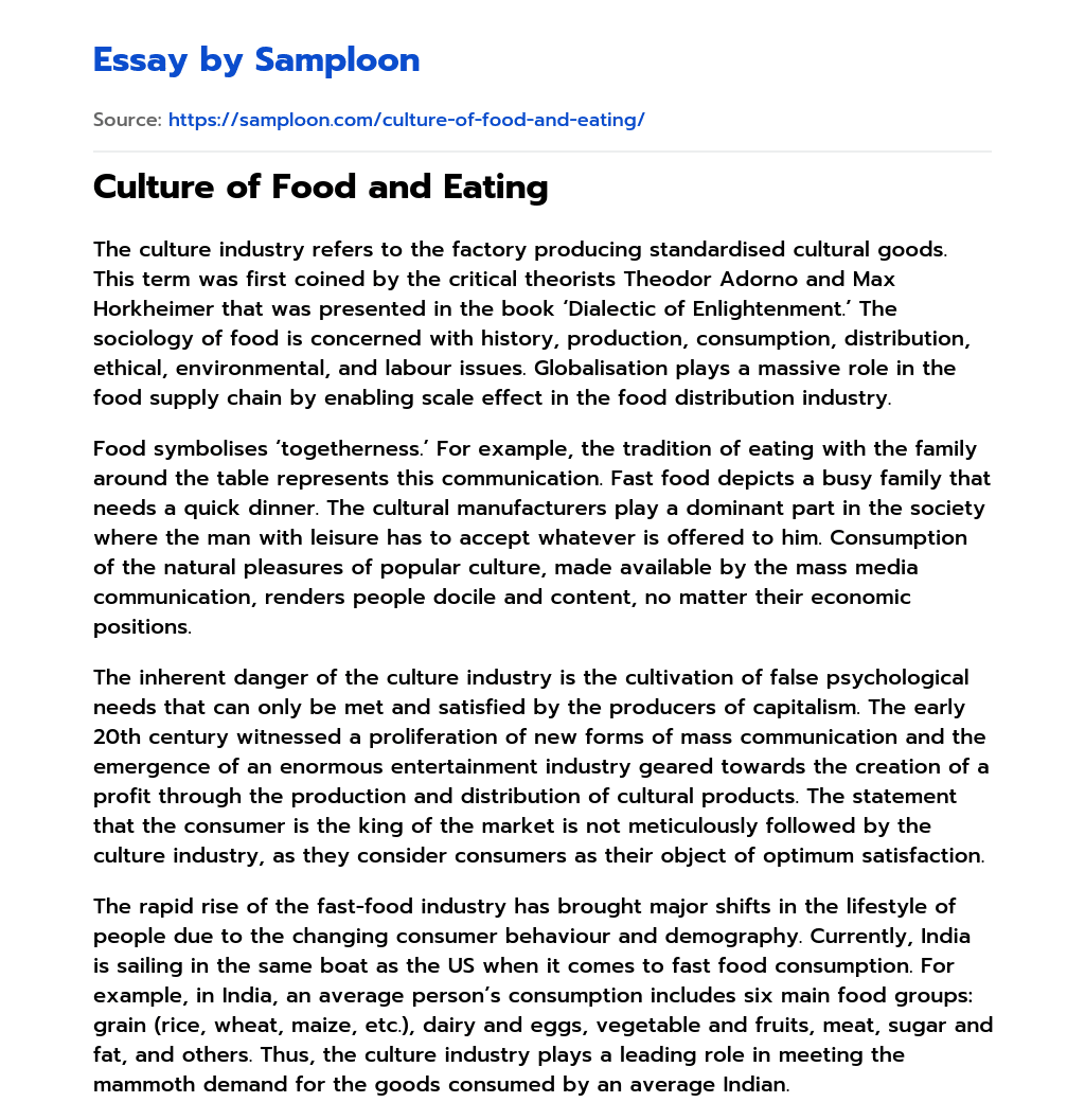 Culture of Food and Eating essay