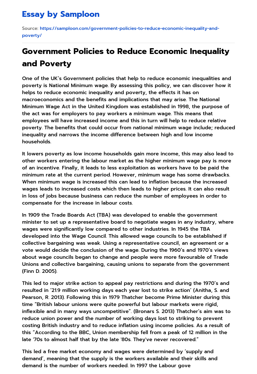 Government Policies to Reduce Economic Inequality and Poverty essay
