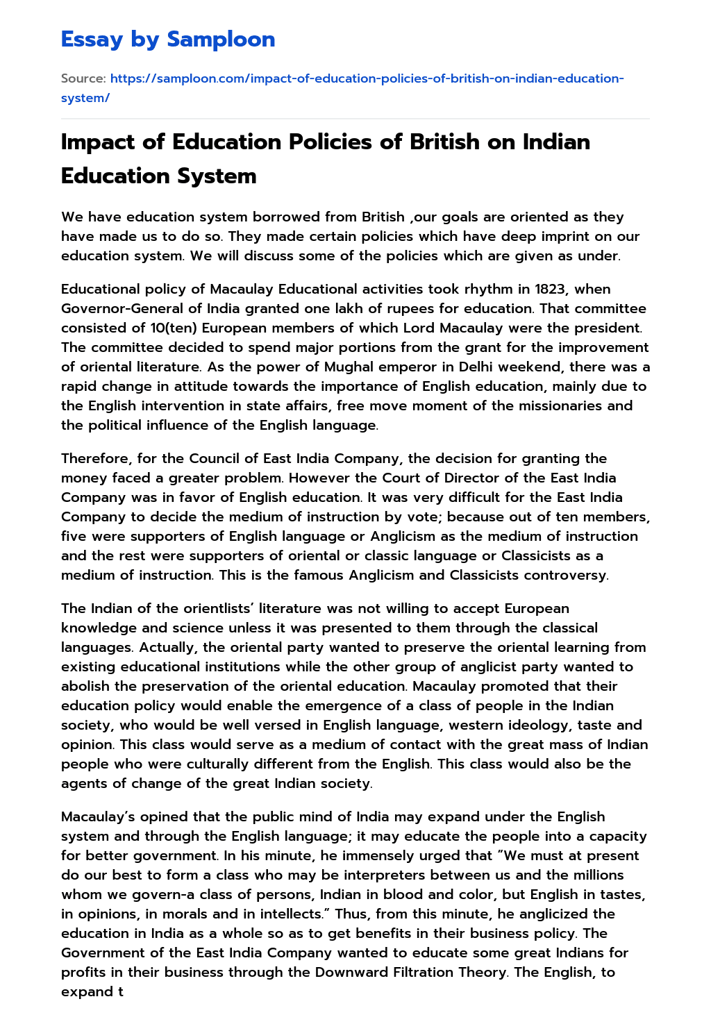 Impact of Education Policies of British on Indian Education System essay