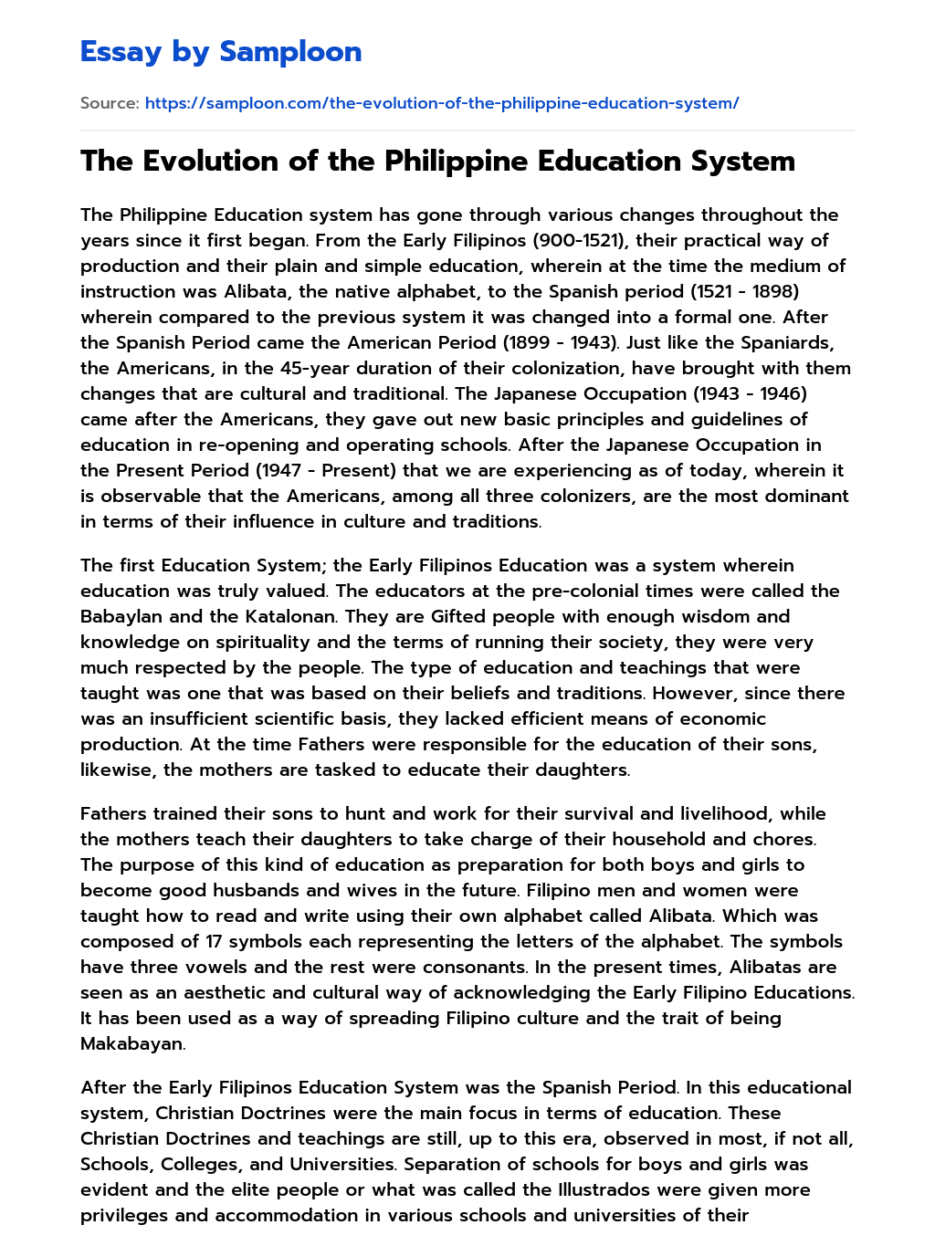 The Evolution of the Philippine Education System Summary essay