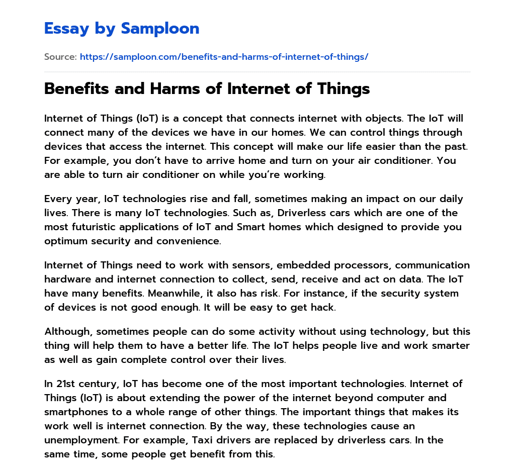 Benefits and Harms of Internet of Things essay
