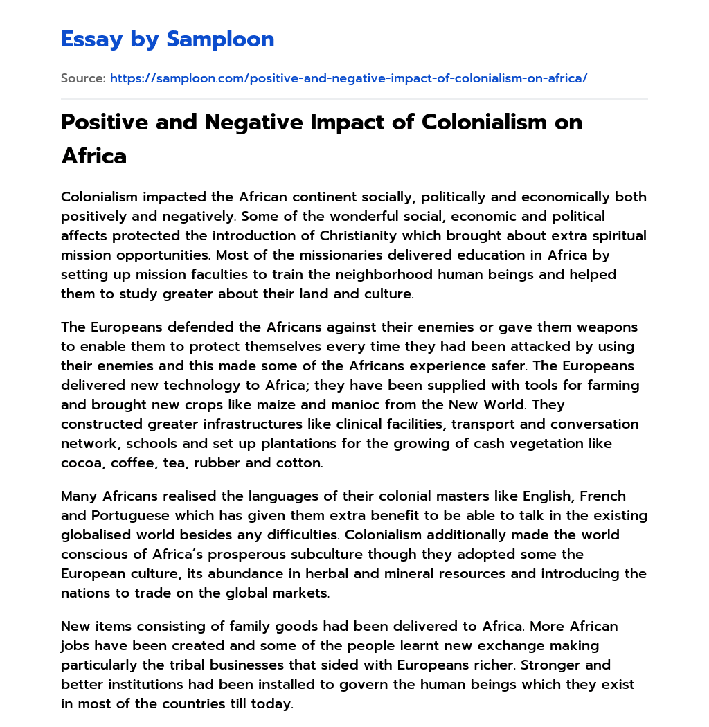 Positive and Negative Impact of Colonialism on Africa essay