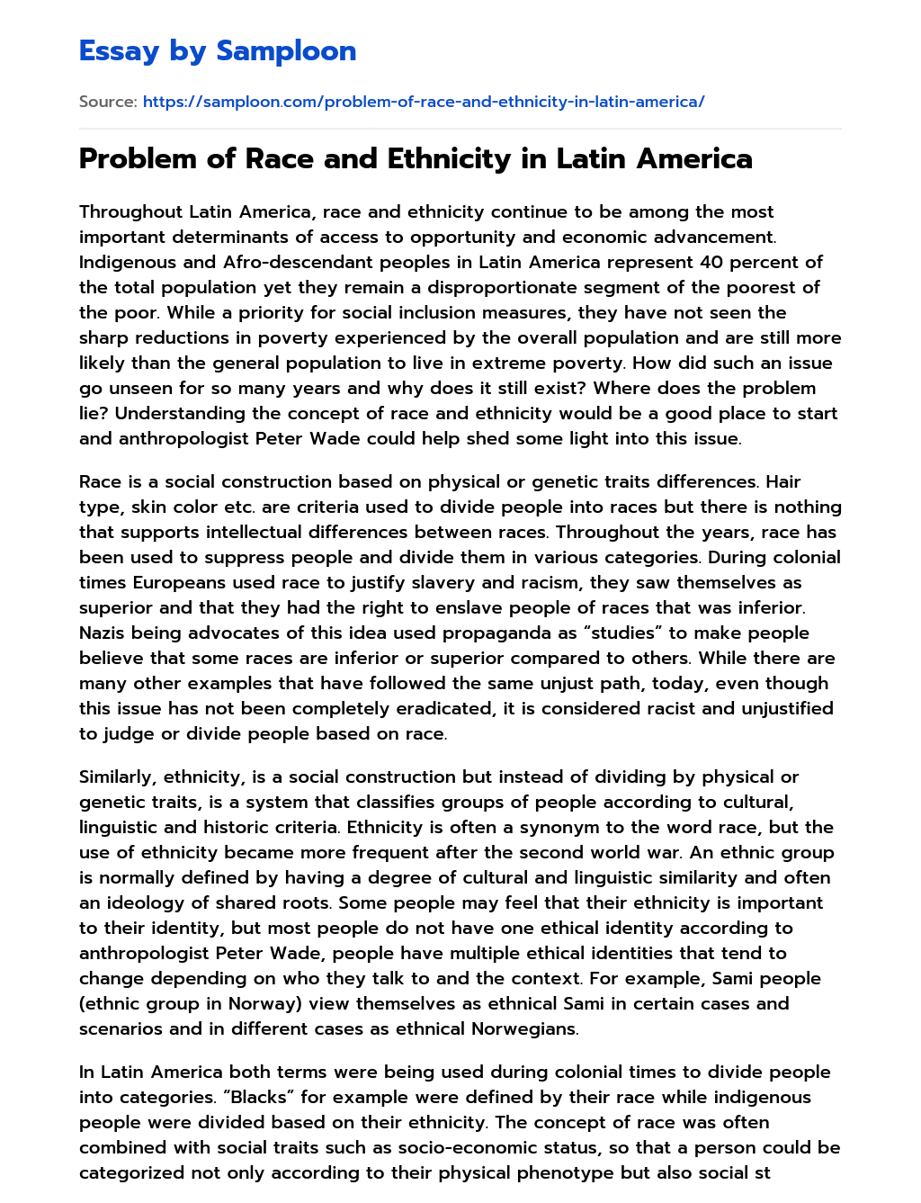 Problem of Race and Ethnicity in Latin America essay