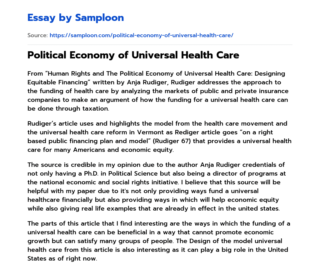 Political Economy of Universal Health Care essay