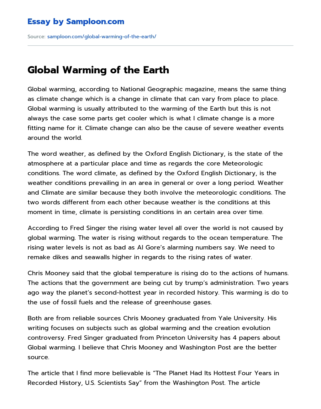 Global Warming of the Earth Argumentative Essay essay
