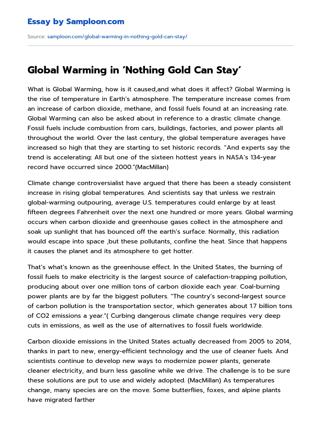 Global Warming in ‘Nothing Gold Can Stay’ Analytical Essay essay
