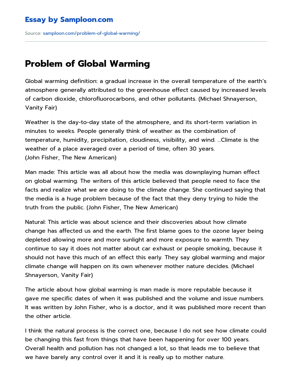 formal essay on global warming