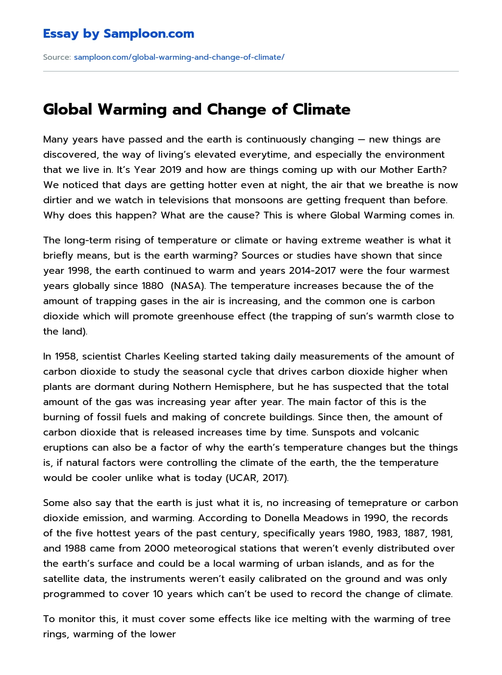 Global Warming and Change of Climate essay