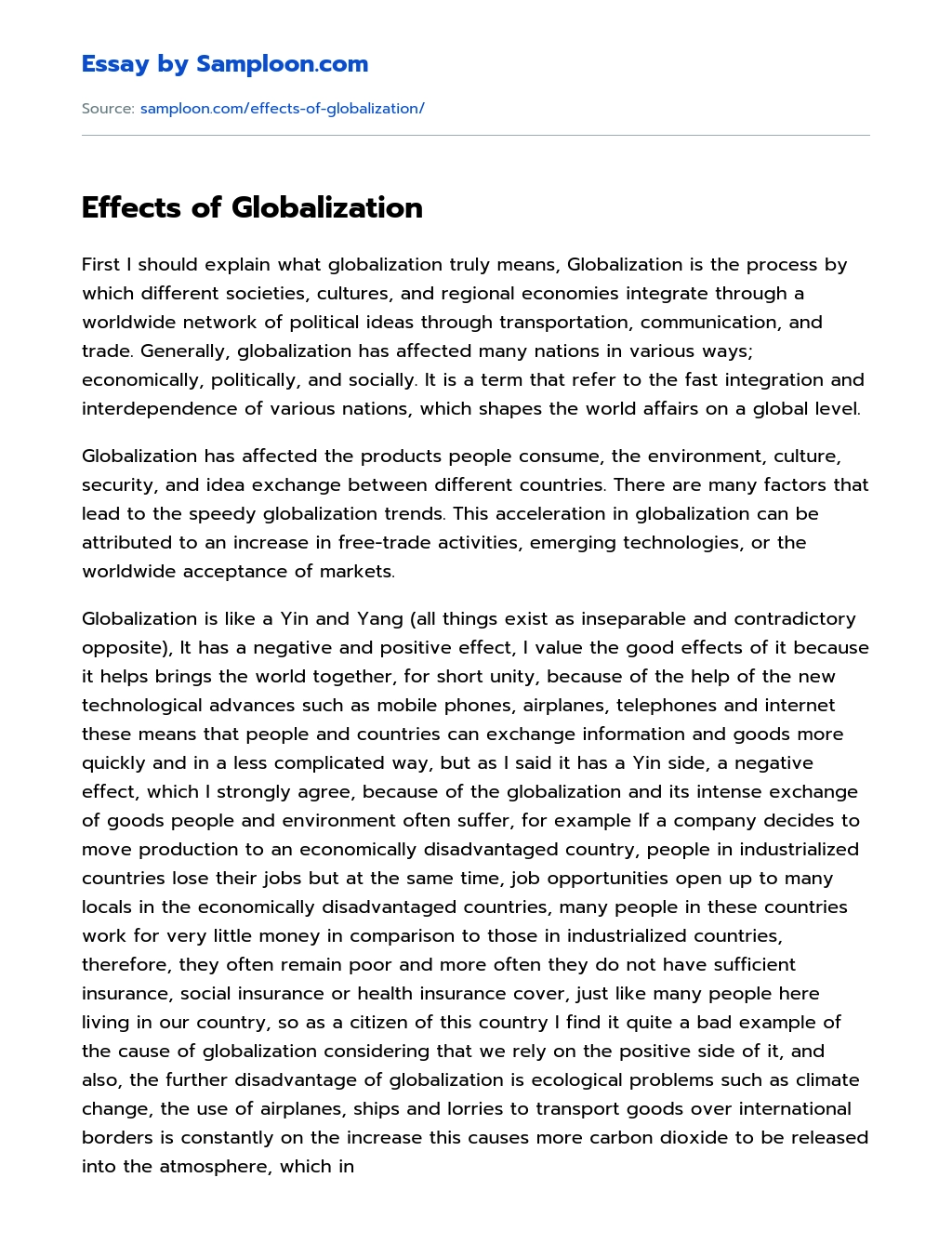 Effects of Globalization Cause And Effect Essay essay