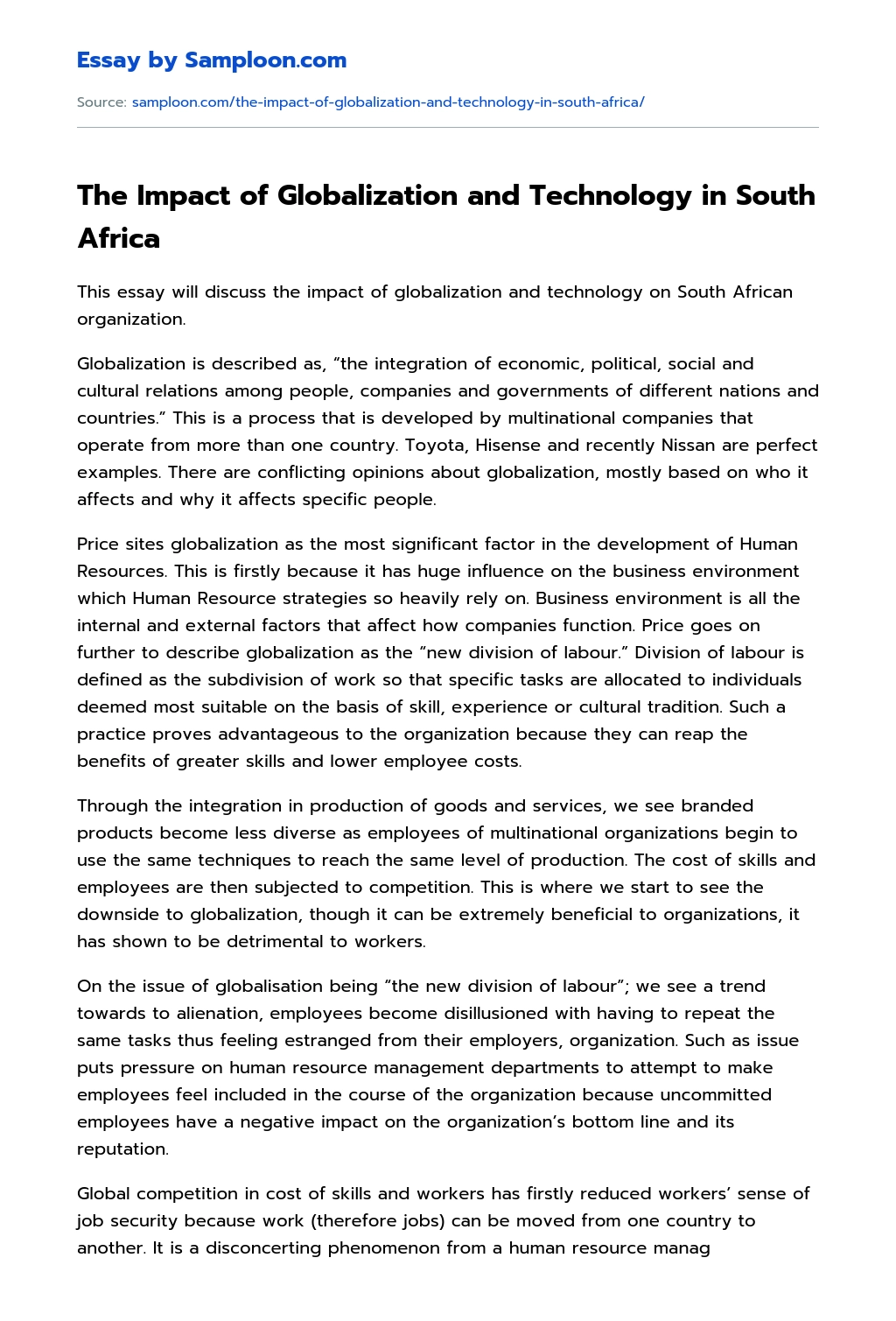 The Impact of Globalization and Technology in South Africa essay