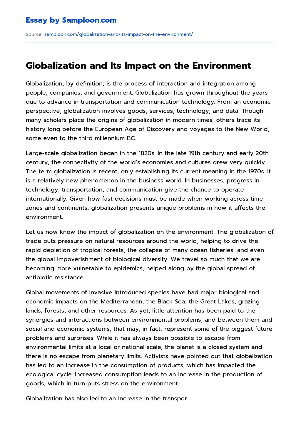 Globalization and Its Impact on the Environment Argumentative Essay essay