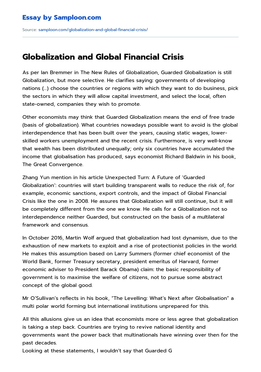 Globalization and Global Financial Crisis essay