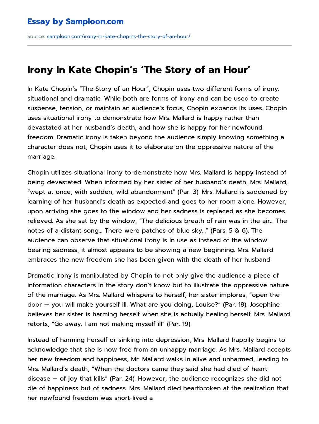 Irony In Kate Chopin’s ‘The Story of an Hour’ Analytical Essay essay