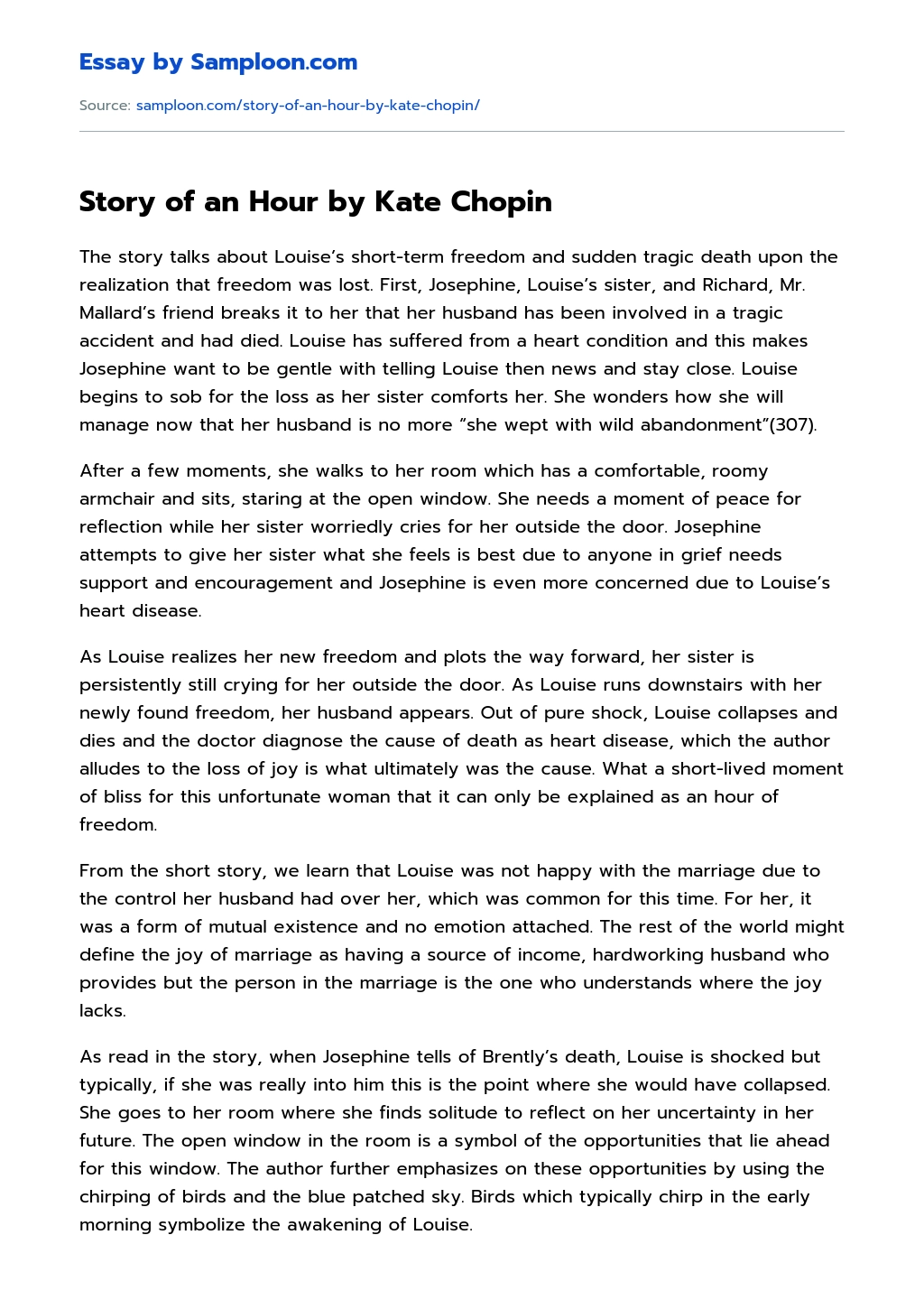 Story of an Hour by Kate Chopin essay