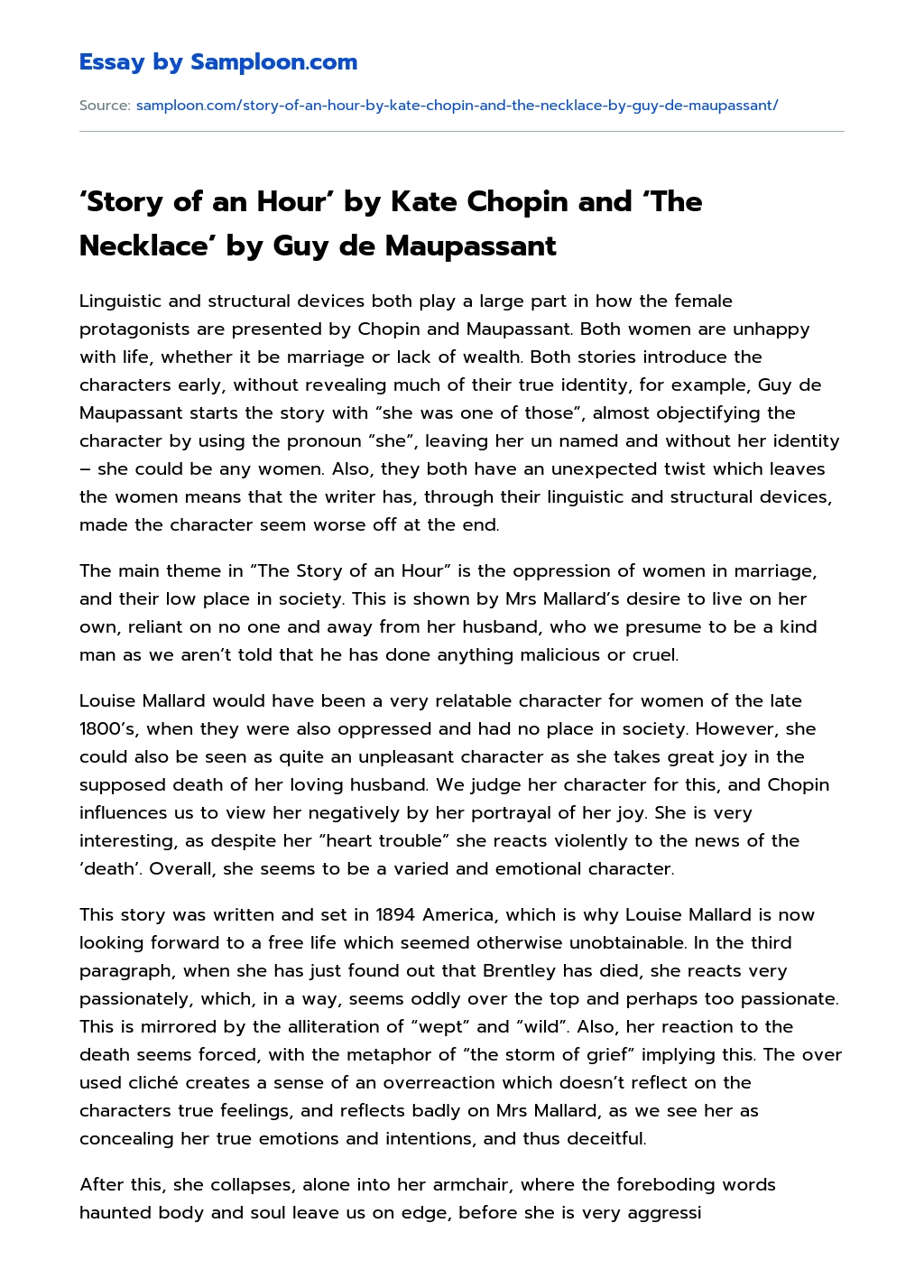 Story of an Hour’ by Kate Chopin and ‘The Necklace’ by Guy de Maupassant Character Analysis essay