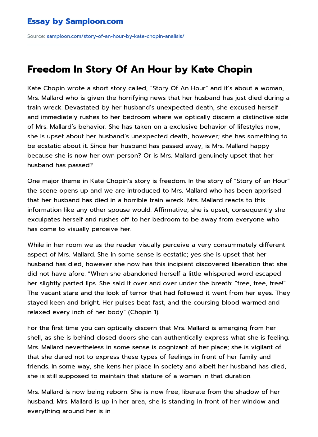 Freedom In Story Of An Hour by Kate Chopin essay