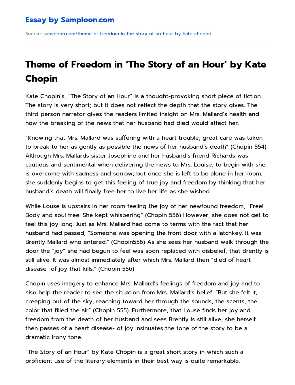Theme of Freedom in ‘The Story of an Hour’ by Kate Chopin essay