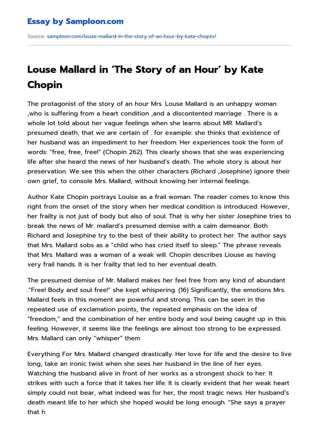 Louse Mallard in ‘The Story of an Hour’ by Kate Chopin essay