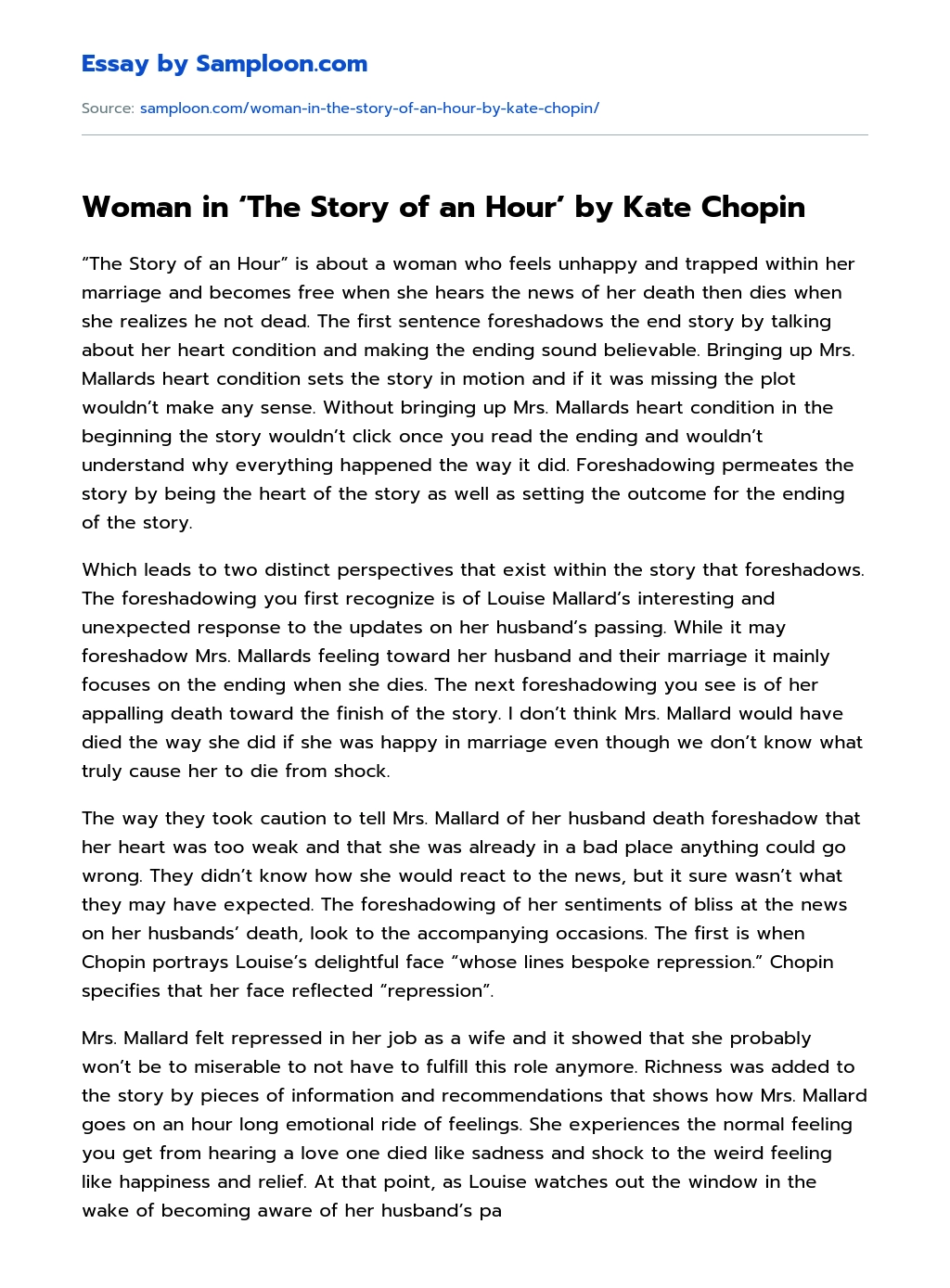 Woman in ‘The Story of an Hour’ by Kate Chopin Summary essay