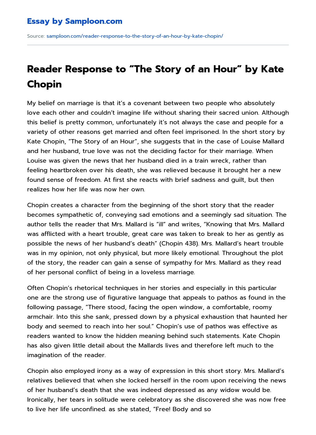 Reader Response to “The Story of an Hour” by Kate Chopin Rhetorical Analysis essay