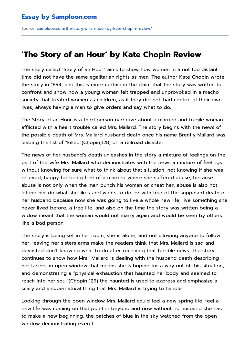 ‘The Story of an Hour’ by Kate Chopin Review essay