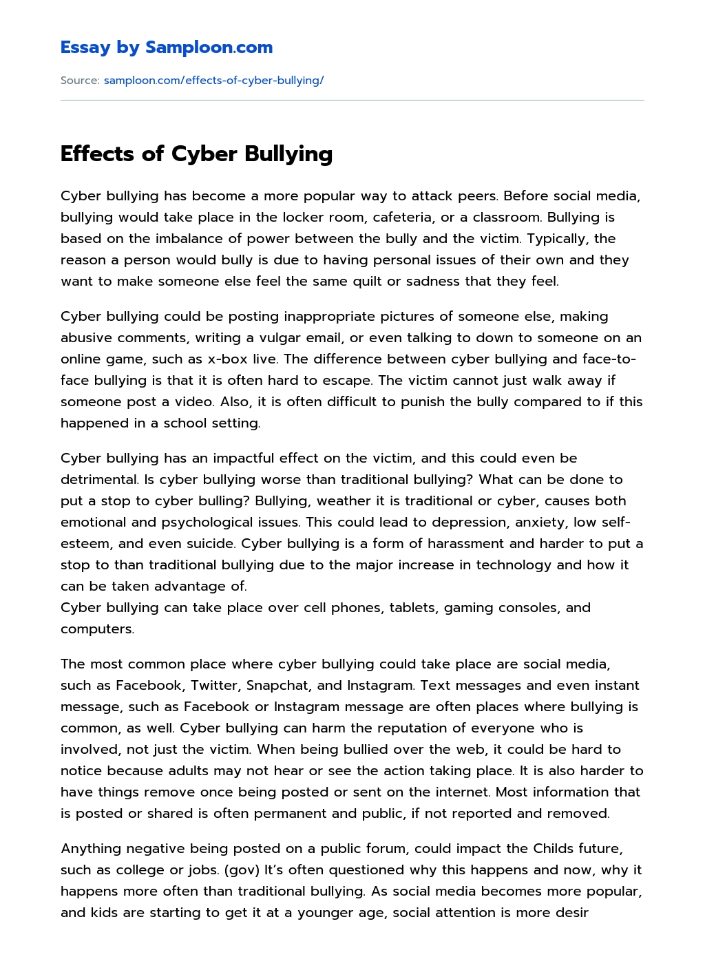 Effects of Cyber Bullying essay