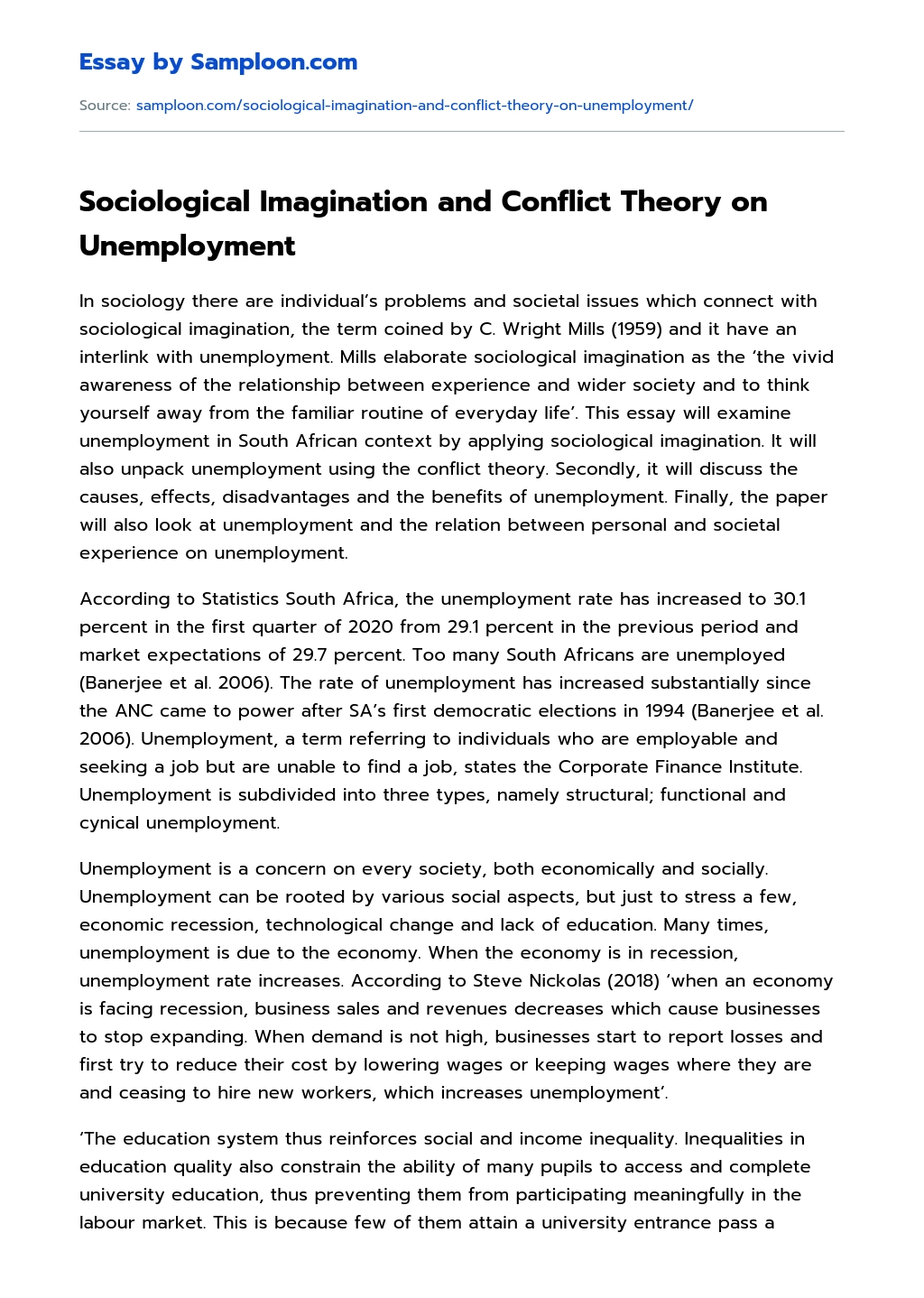 Sociological Imagination and Conflict Theory on Unemployment essay
