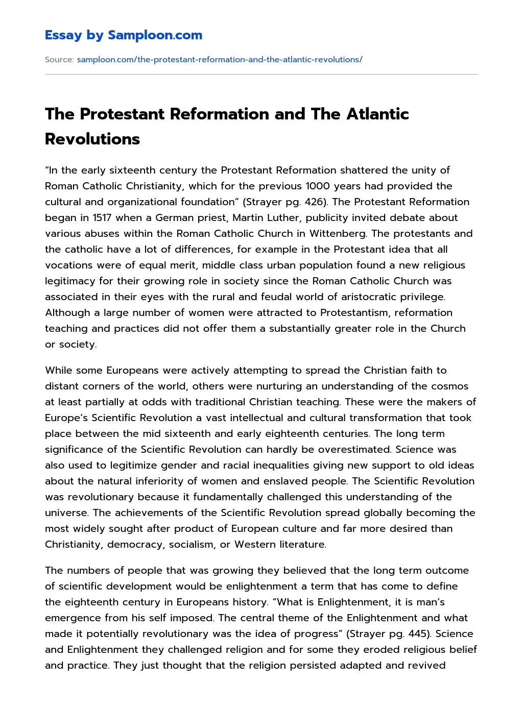 The Protestant Reformation and The Atlantic Revolutions essay
