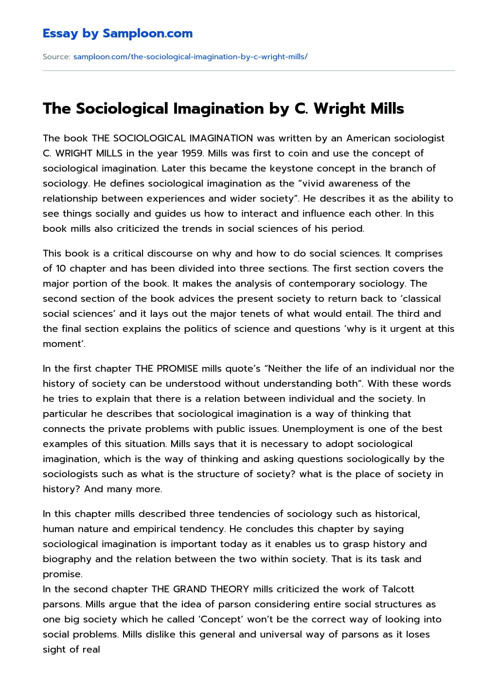 The Sociological Imagination by C. Wright Mills Analytical Essay essay